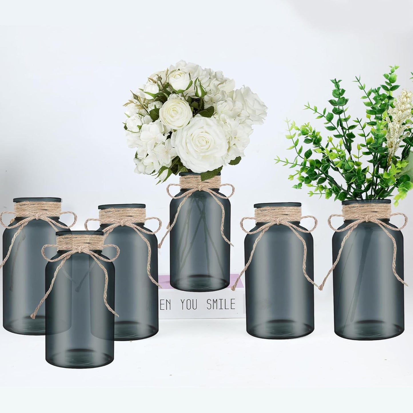 Vintage Glass Flower Vase，6 Pack Farmhouse Black Glass Centerpiece Vases Mason Jars for Halloween Weddings, Parties & Home Decor Bulk (6, Black)