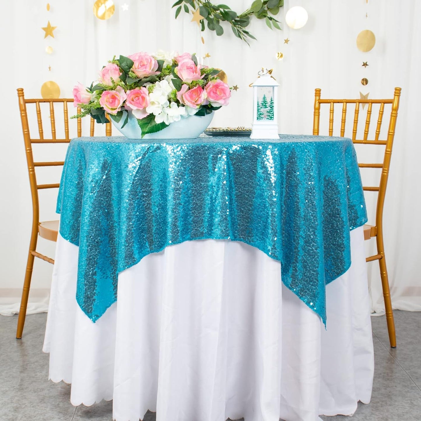 ShinyBeauty Turquoise Sequin Tablecloth, 54''x54'' Square, Elegant Table Overlay, All-Season Tablecover for Party, Event Decoration
