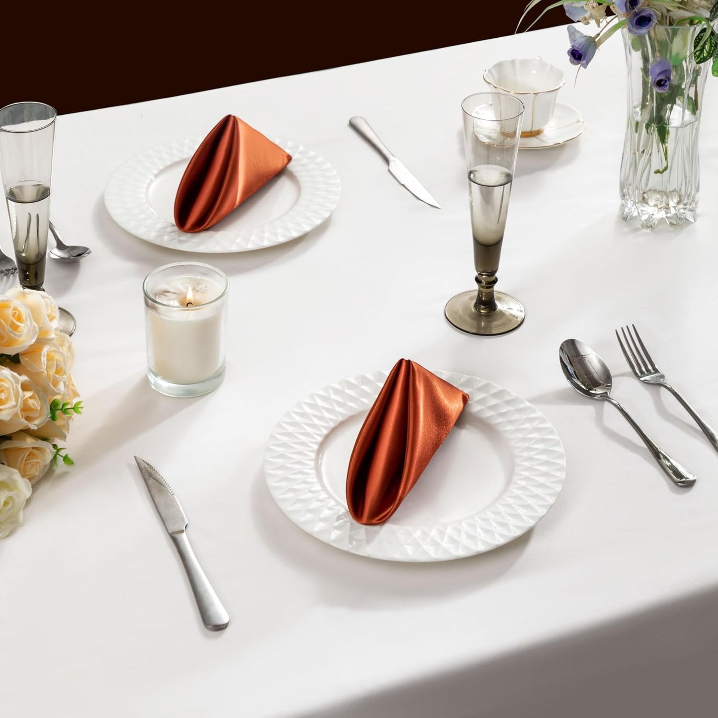 36 Pack Square Satin Dinner Napkins, 16x16 Inches Silky Soft Smooth Table Cloth Napkins for Restaurant Weddings Banquet Party Decoration, Burnt Orange