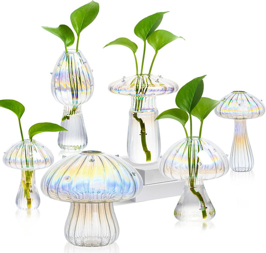 Plant Propagation Station, Set of 6 Clear Mushroom Vase, Propagation Stations, Small Plant Terrarium, Unique Crystal Mushroom Jars for Plants for Hydroponics Home Garden Office Decoration (Clear)