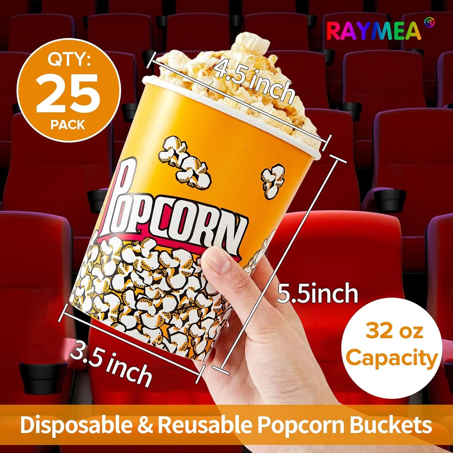RAYMEA Popcorn Buckets Disposable 32oz Retro Style Paper 25 Pack Leak Proof Popcorn Containers Bowls for Family Movie Night & Party