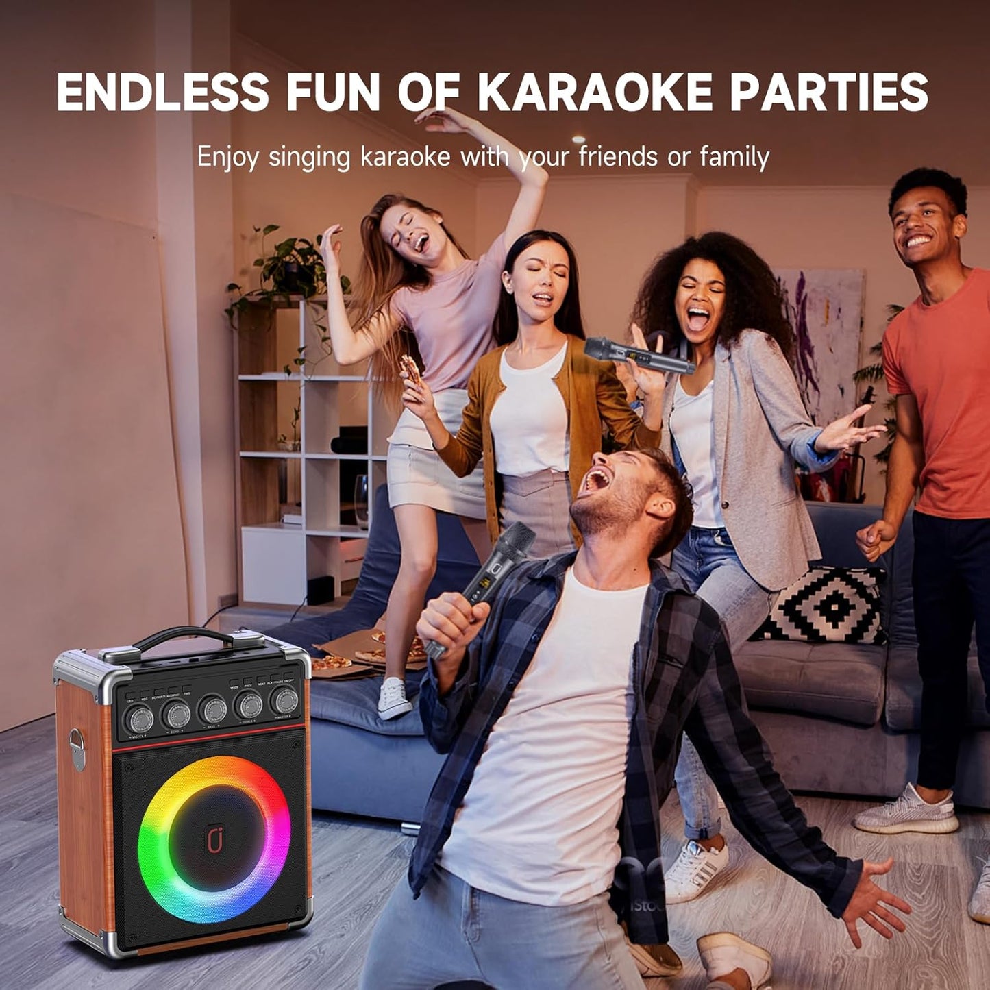 Karaoke Machine for Adults Kids, Bluetooth Speaker with 2 Karaoke Microphones, Bass/Treble Adjustment, Portable PA System with Remote Control/LED Lights for Home Party, Support USB/AUX/REC/TWS
