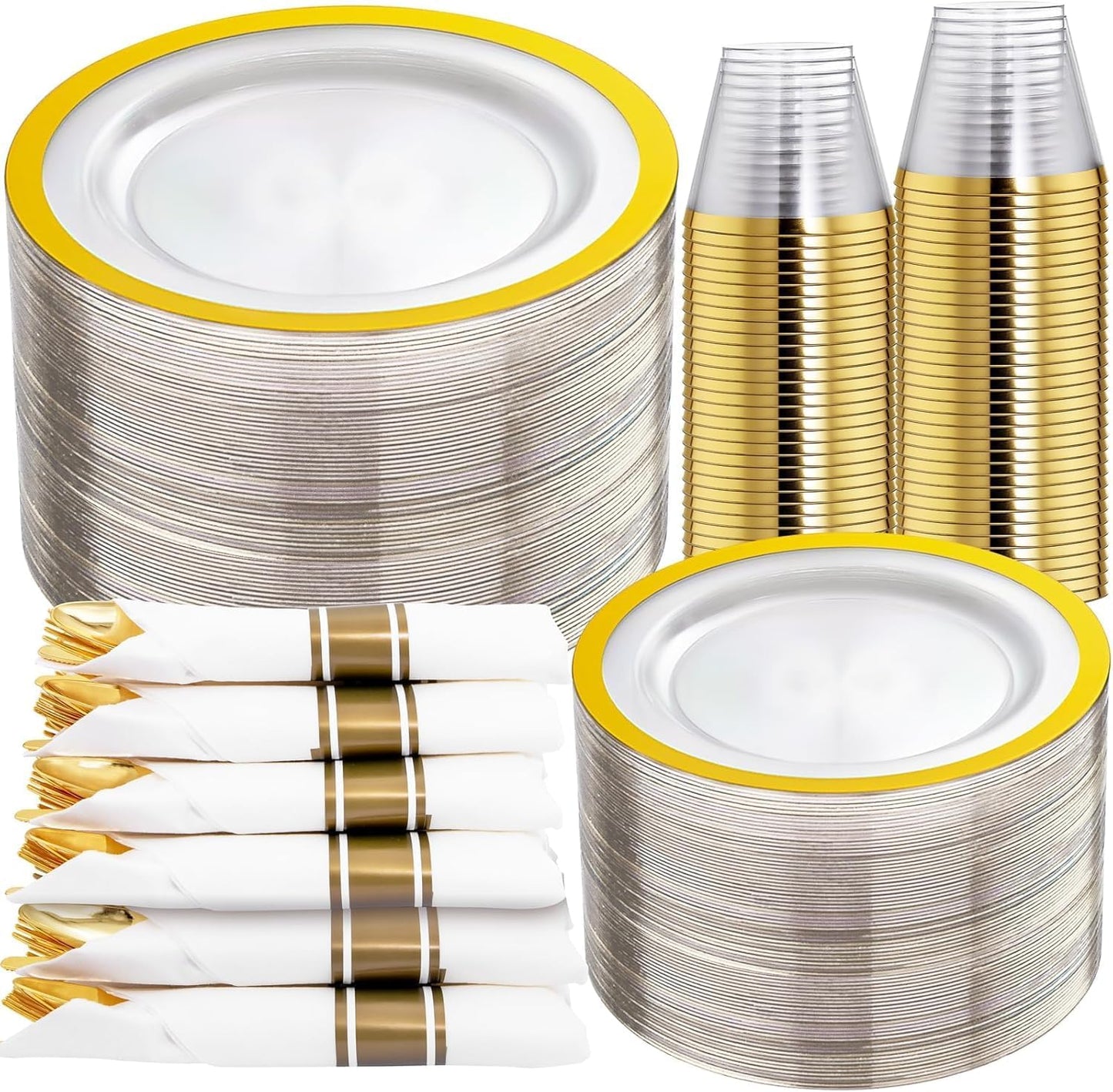Rubtlamp 350 Pcs Clear Gold Plastic Plates, Disposable Dinnerware, Clear-Gold Plates Set Include 50 Dinner Platos 50 Dessert Platos, 50 Cups, 50 Pre Rolled Napkins with Cutlery Set for Party