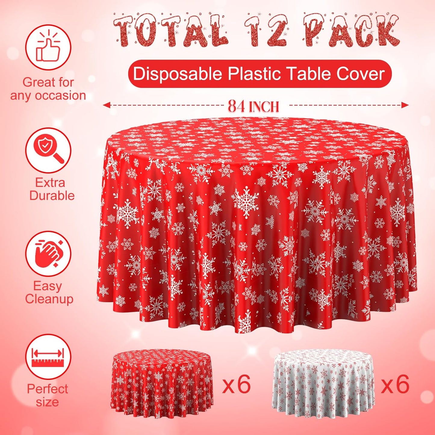 Jectivs 12 Pieces Christmas Snowflake Plastic Party Tablecloth Decorations,84 inch Disposable White Red Round Snowflake Xmas Table Cover Backdrop for Winter Christmas Holiday New Year Party Supplies