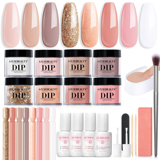 AZUREBEAUTY 30Pcs Dip Powder Nail Kit Starter with Nail Sticks, Nude Skin Tones Neutral Pink 8 Colors Dipping Liquid Set Matte Top Coat for Nail Art Manicure Salon DIY Home