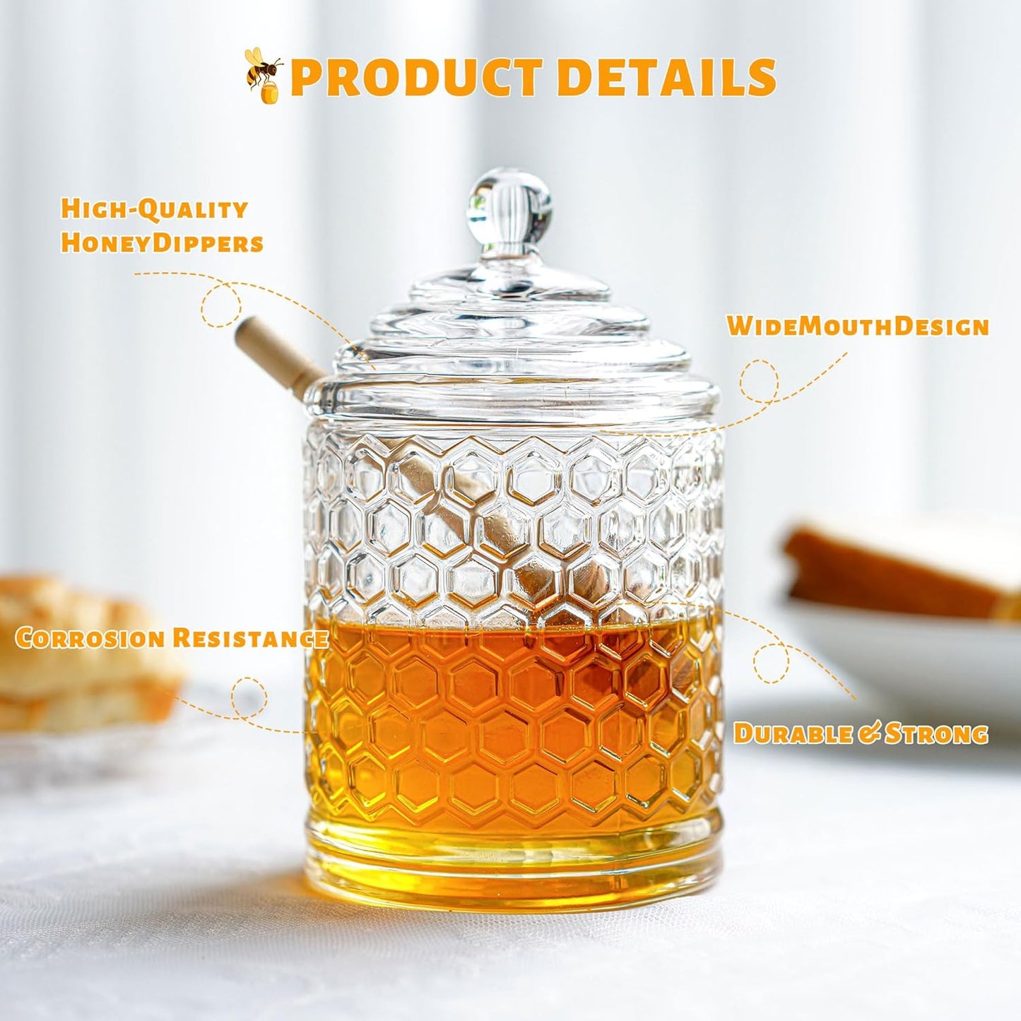 kanpura Clear Crystal Honey Pot with Dipper and Lid Glass Honey Jar with Dispenser Honey Holder and Syrup Container for Home Kitchen,9 oz