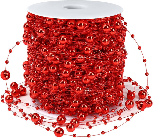 JULBEAR Beads Garland Decoration, 1Rolls 131Feet Red Christmas Pearl Strands Chain Bead Garland for Christmas Tree Fireplace Wreath Gift Bouquet Crafts Wrapping Wedding Party Centerpieces Decoration