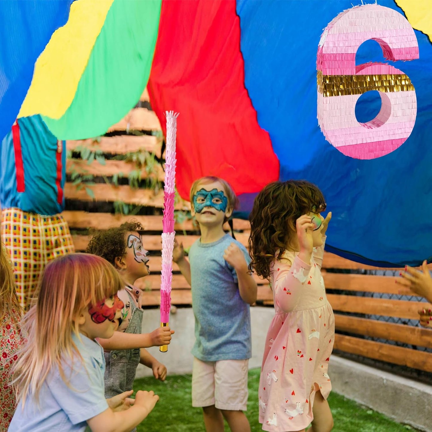 PCFING 20 Inch Number 6 Piñata Pink Gold with 30 Inch Piñata Stick Blindfold Confetti for Boys Girls Adults Birthday Party Decorations, Anniversary Celebration, Fiesta