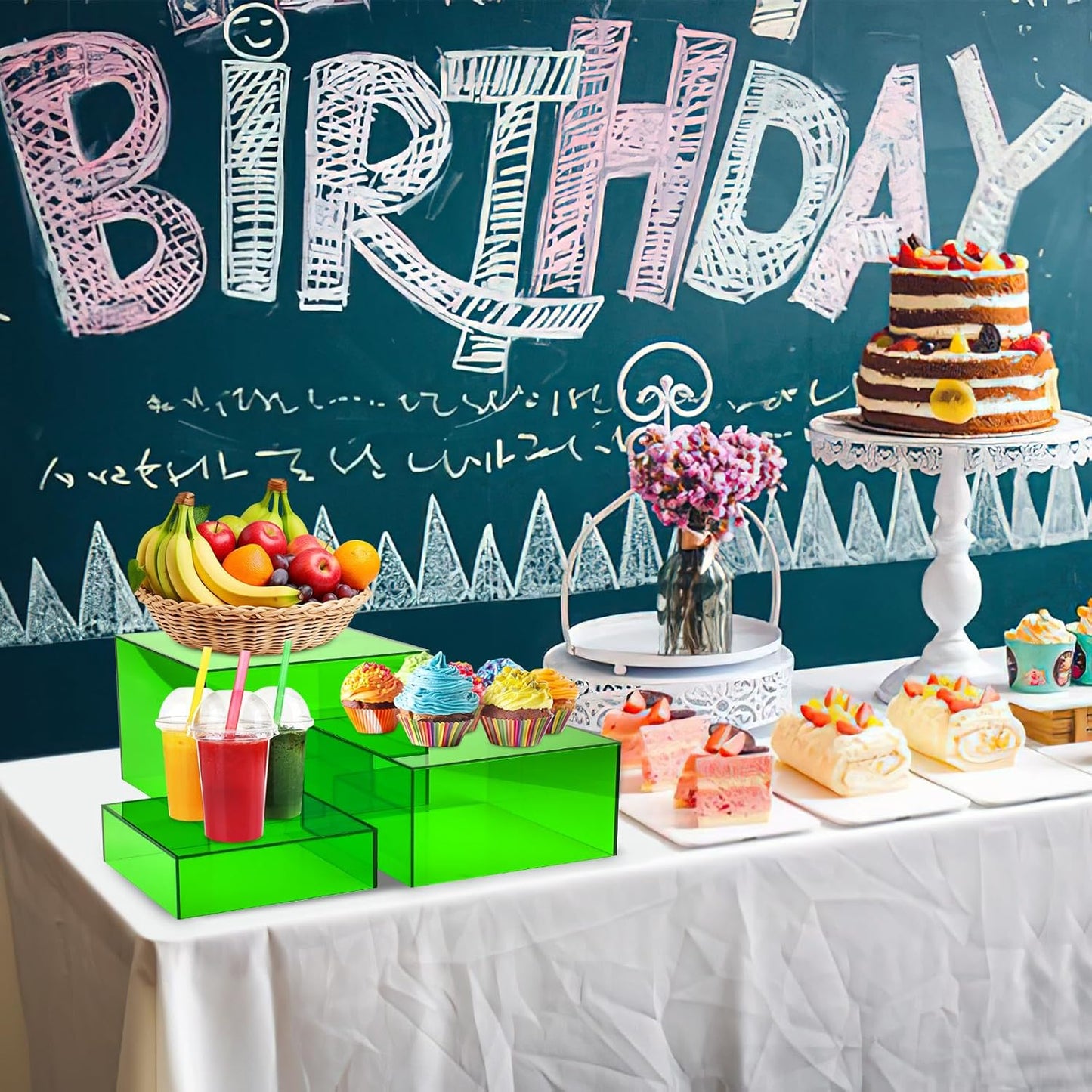 Green Buffet Risers 3 Pcs Acrylic Boxes Display Risers for Buffet Table Parties Weddings Catering & Collectibles (6''x7''x8'')