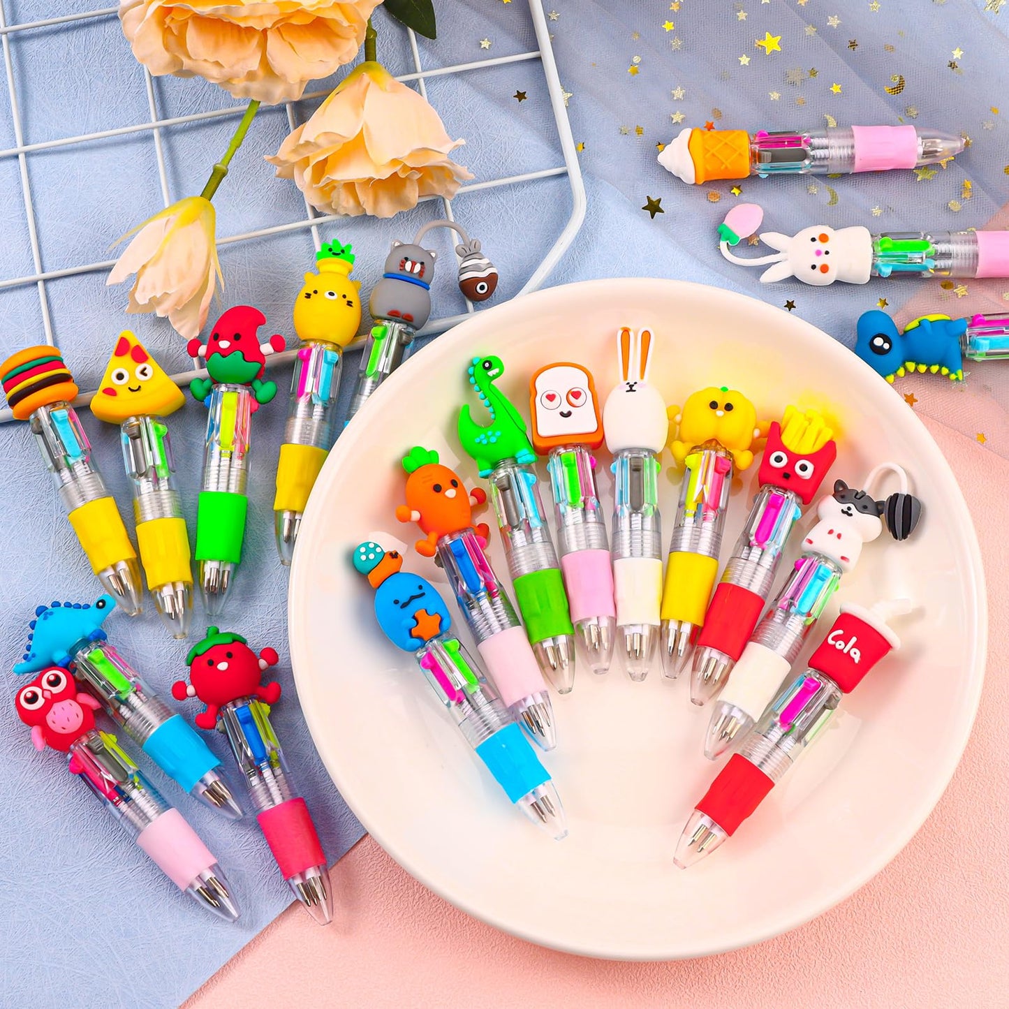 CZWZ 20Pcs Mini Multicolor Pens in One 4-in-1 Cute Pens Bulk for Kids, Fun Kawaii Ballpoint Pens