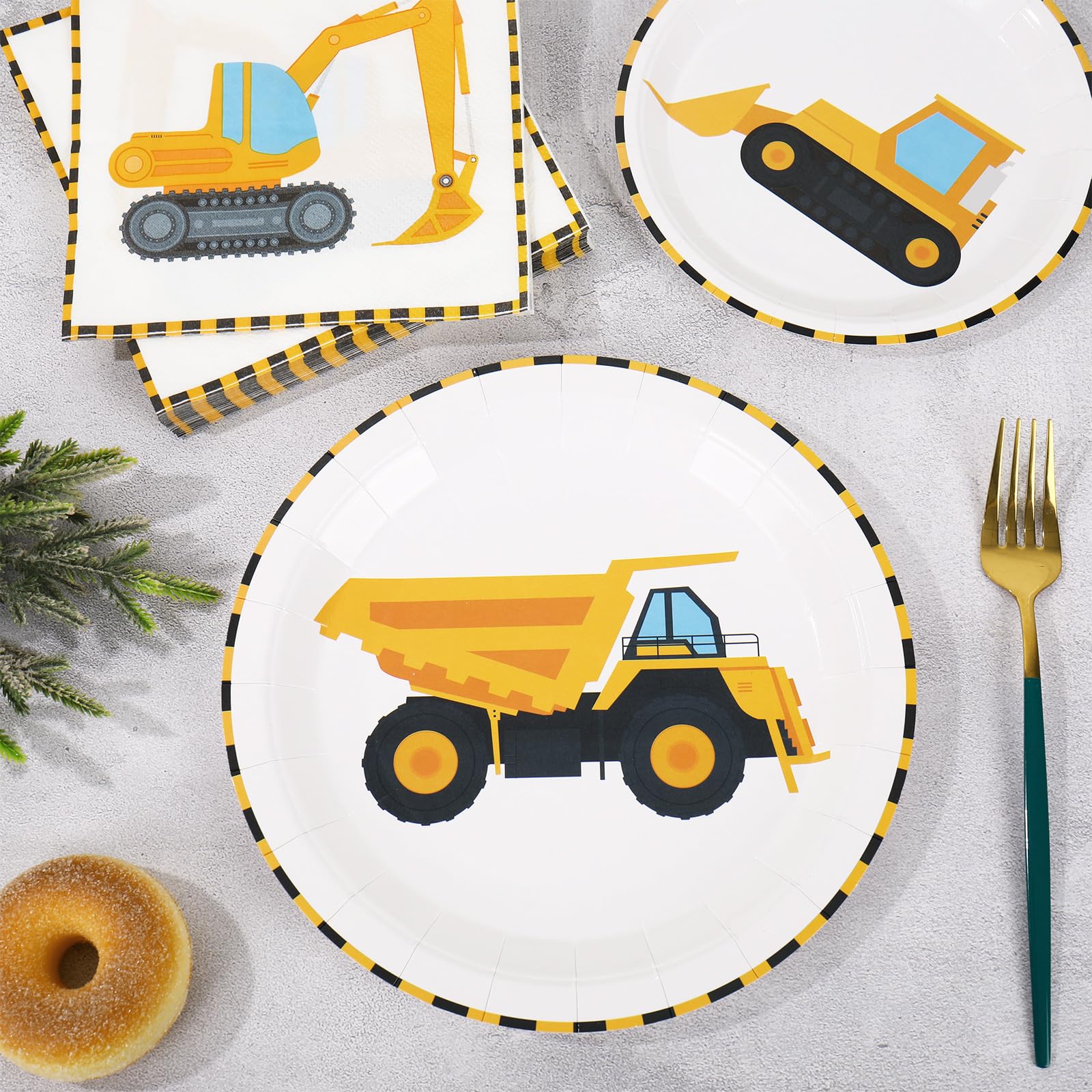 Whaline 96Pcs Construction Party Tableware Dump Truck Paper Plate Napkin Cup Yellow Black