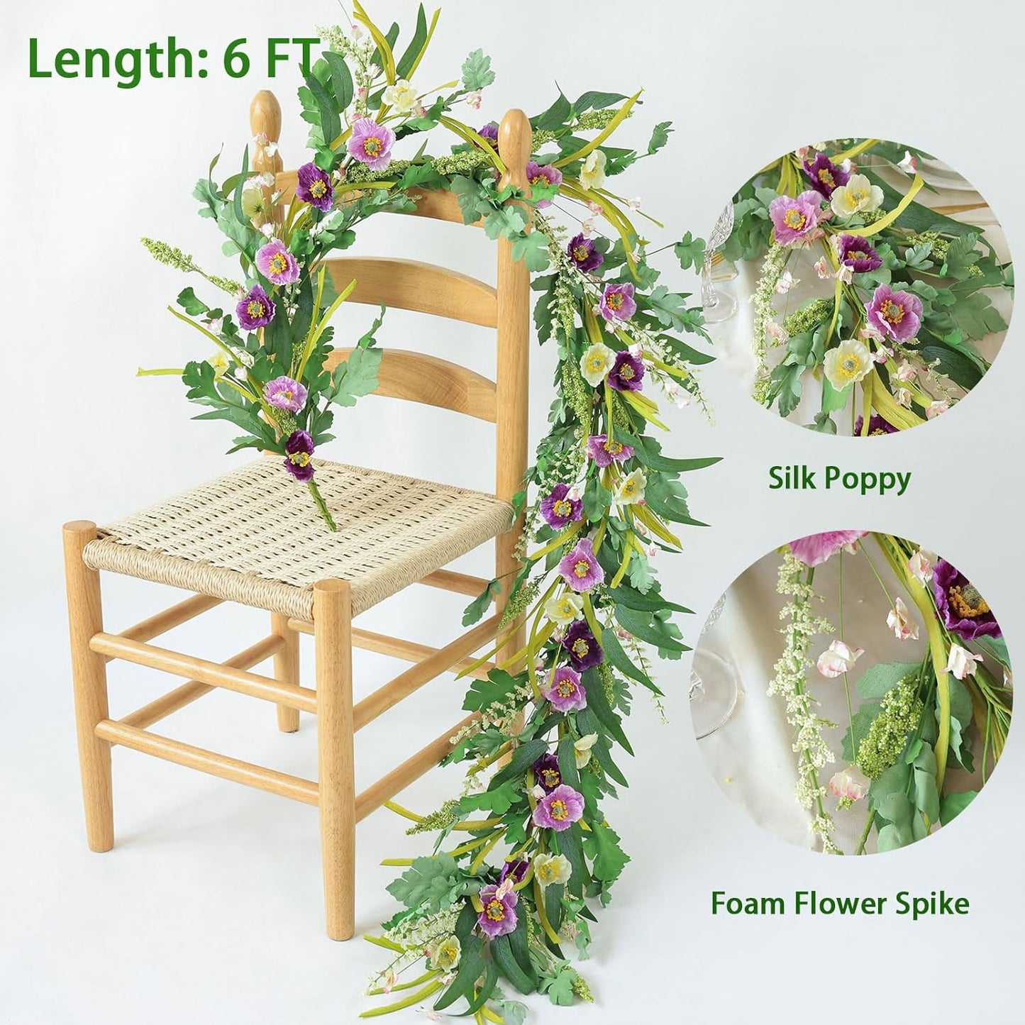 Mizii Purple Artificial Flower Garland 6FT Fake Poppy Floral Garland Hanging Vines Spring Summer Flowers Decorations for Mantle Table Centerpieces Room Wall Fireplace Wedding Decor (Purple)