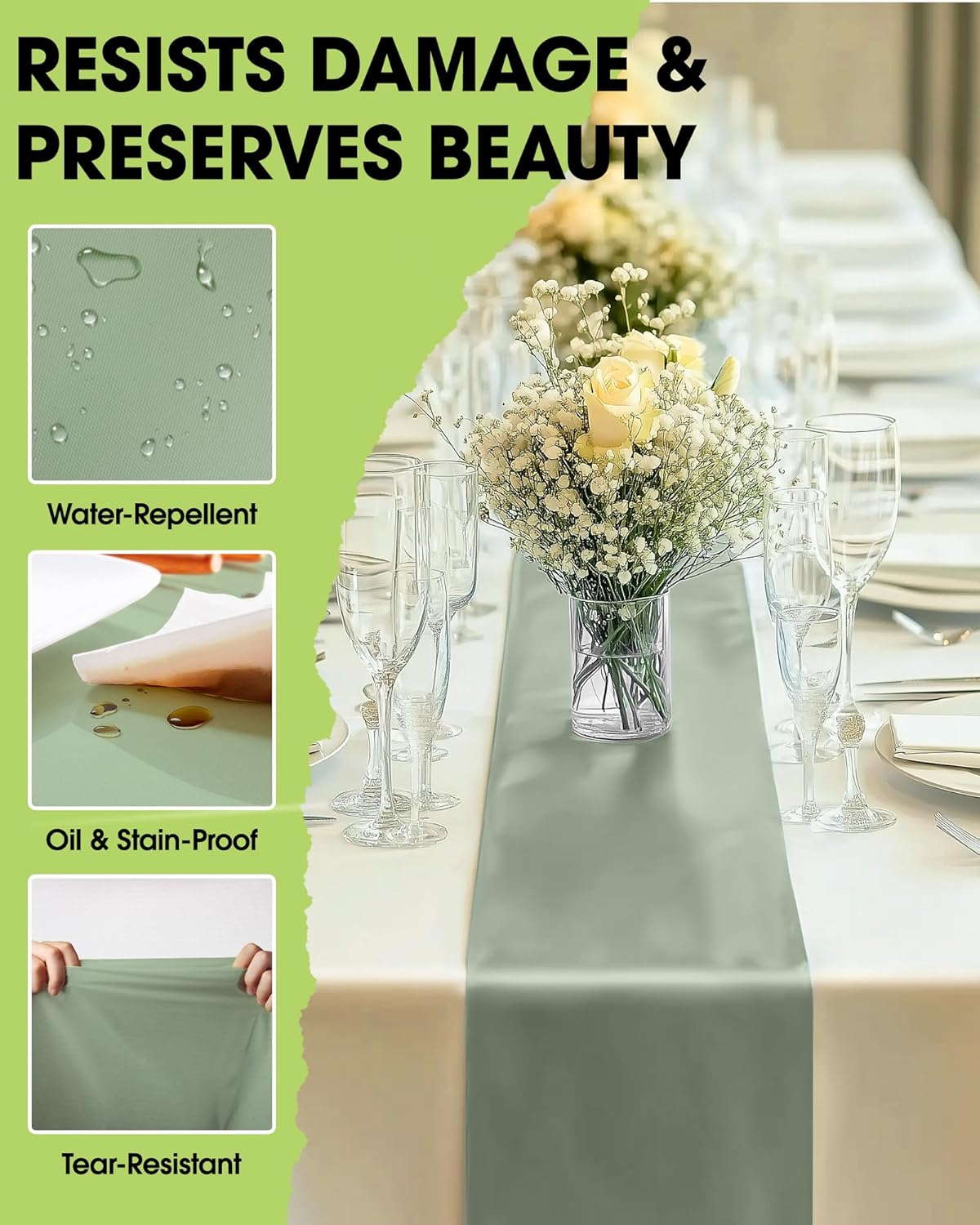 Pureegg Sage Green Plastic Table Runners - 10 Pack, 14'' x 108'', Water Resistant & Disposable Centerpiece Decorations for Table Cloth, Wedding, Birthday, Holiday, Baby Shower, Party, Home Decor