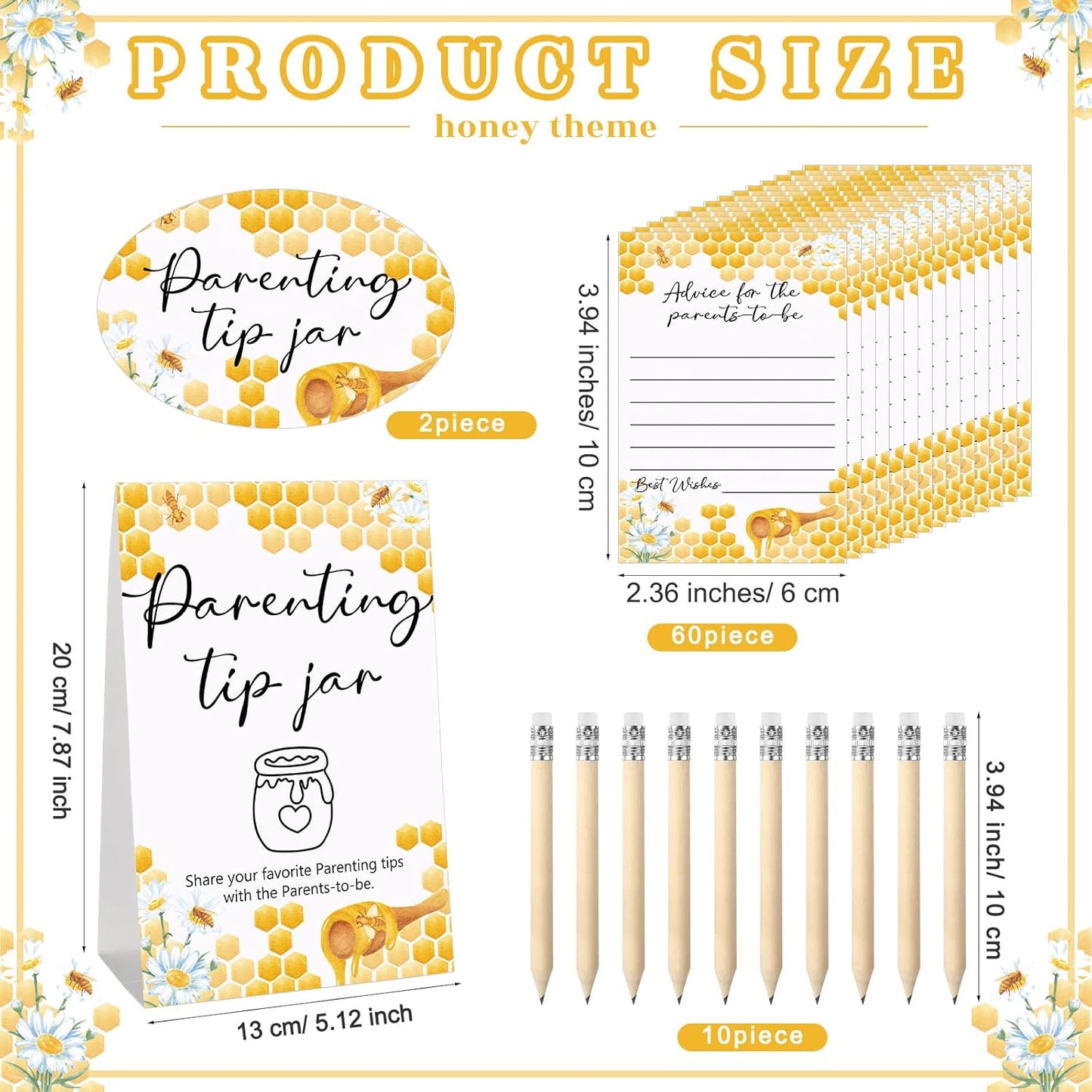 Roowest Baby Shower to Baby Advice Cards for New Parents to Be - Tip Jar Sign for New Parents 60 Parenting Advice Cards 10 HB Pencils 2 Cute Stickers 1 Pet Bottle for Guests Games(Honey)