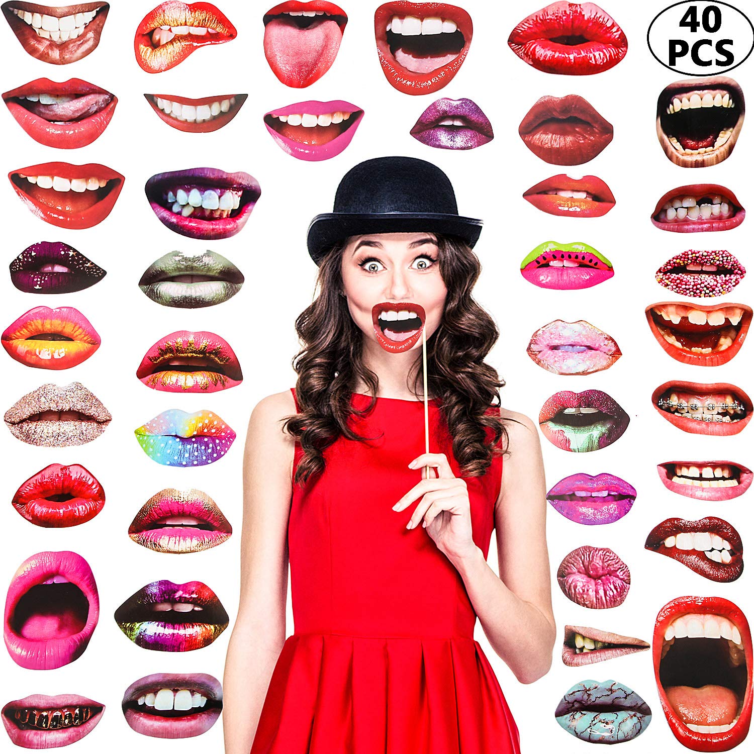 Gejoy 40 Pcs Funny Mouth Lips Photo Booth Props DIY Selfie Accessories