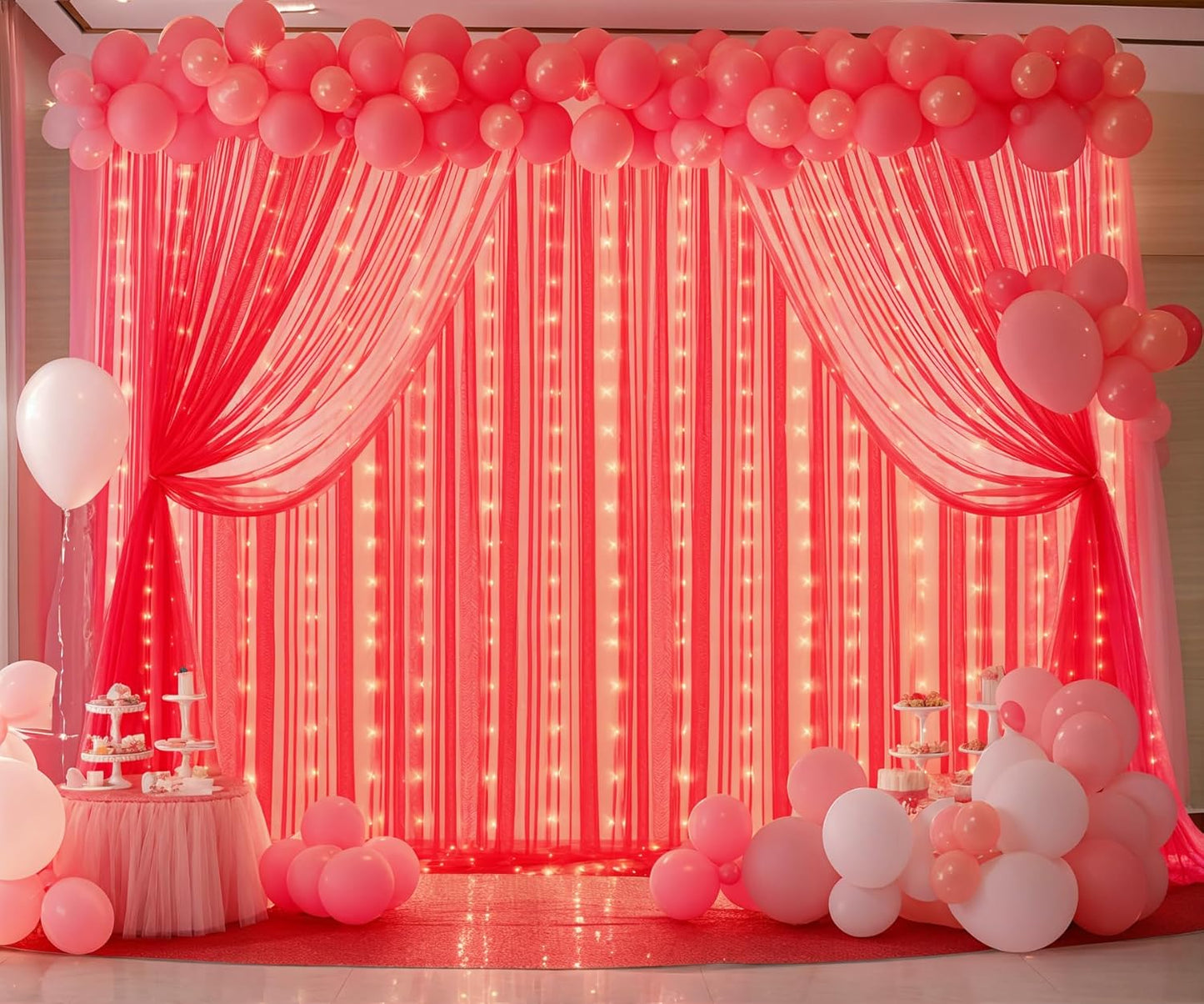 Red Tulle Backdrop Curtain with Lights String for Parites 30x8ft Sheer Backdrop Curtains Drapes for Birthday Party Baby Shower Christmas Wall Photo Booth Background Decorations(6 Panels 5ft×8ft)