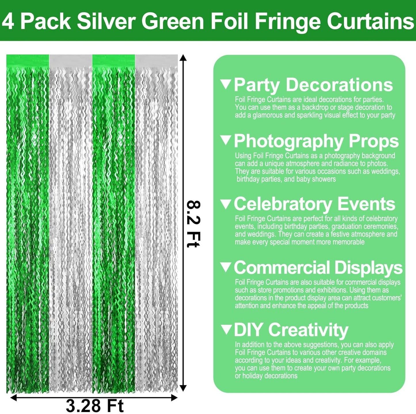 4 Pack Silver Green Wave Foil Fringe Curtain Backdrop, 3.28Ft x 8.2Ft Metallic Tinsel Foil Fringe Streamer Curtains for Photo Booth, Mother's Day, Easter, Birthday, Wedding Party Decoration