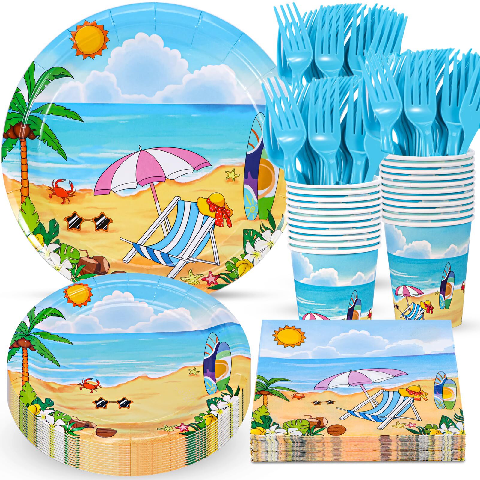 Atonofun Beach Party Supplies, Beach Plates and Napkins Set, Disposable Beach Plates, Cups, Napkins