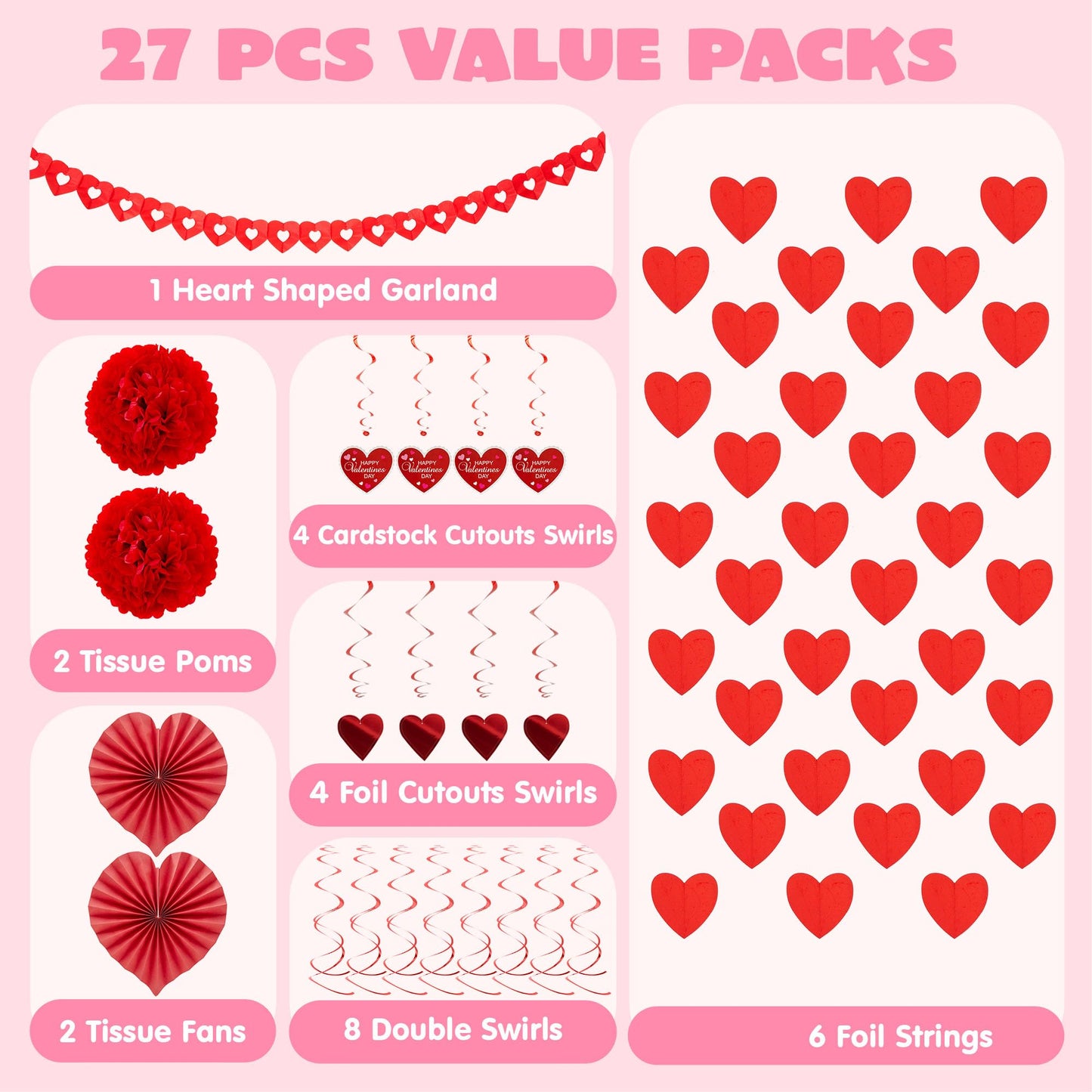 JOYIN 27 Pieces Valentines Day Swirl String Cutout, Decoration Kit with Heart Shaped Garland
