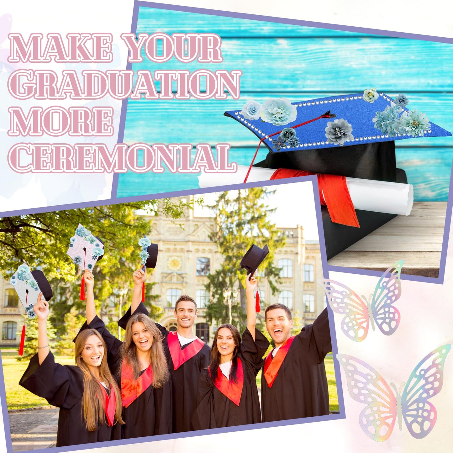 ZYNERY Graduation Cap Decorations Kit Grad Cap Topper Decor Includes Glitter Paper 3D Butterfly