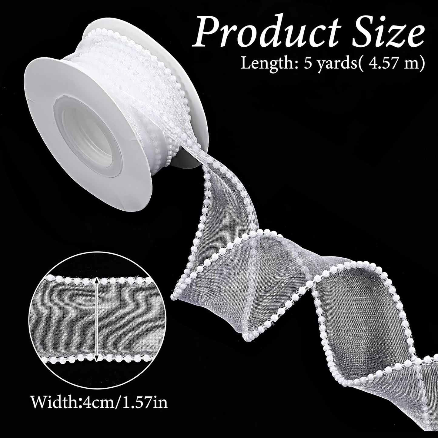 1.5 Inch Faux Pearl Ribbon, Smooth White Ribbon with Pearl Edges Wire, 4.5m Sheer Mesh Ribbons for Gift Wrapping, Bows Bouquet Decor Crafts, Wedding Bridal Decorations