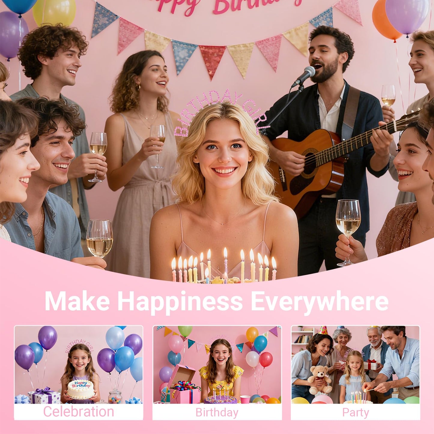 Papoopy Birthday Headband with Sash for Women, Birthday Crown Tiara for Decorations Pink