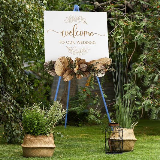 NianFeng Wooden Easel Stand for Sign, Easel Display Stand Floor for Wedding Sign with Adjustable Tray, 63-Inch, Tripod A-Frame Poster Light Duty, Welcome, Art Show & Baby Shower (Blue)