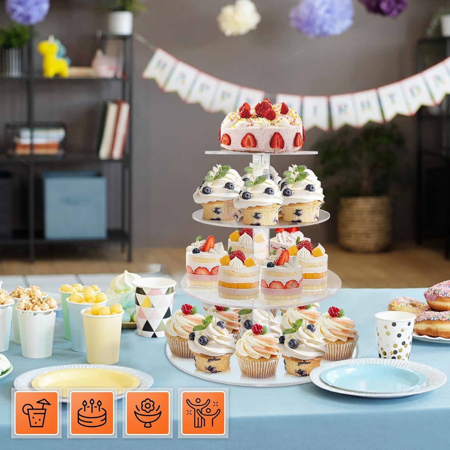 Cupcake Stand, 4 Tier Cupcake Stand for 50 Cupcakes, Round Tiered Cupcake Tower, Clear Acrylic Cupcake Holder, Dessert Stands for Party, Wedding, Birthday, Baby Shower, Halloween