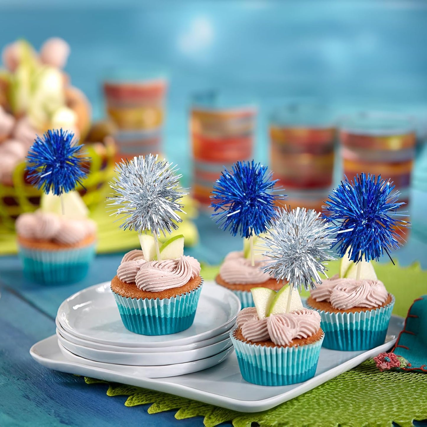 Gyufise 30Pcs Foil Firework Cupcake Toppers Sparkle Tinsel Cake Toppers Tinsel Drink Cake Decoration Cocktail Picks for Birthday Wedding Graduation Party Supplies Silver Dark Blue