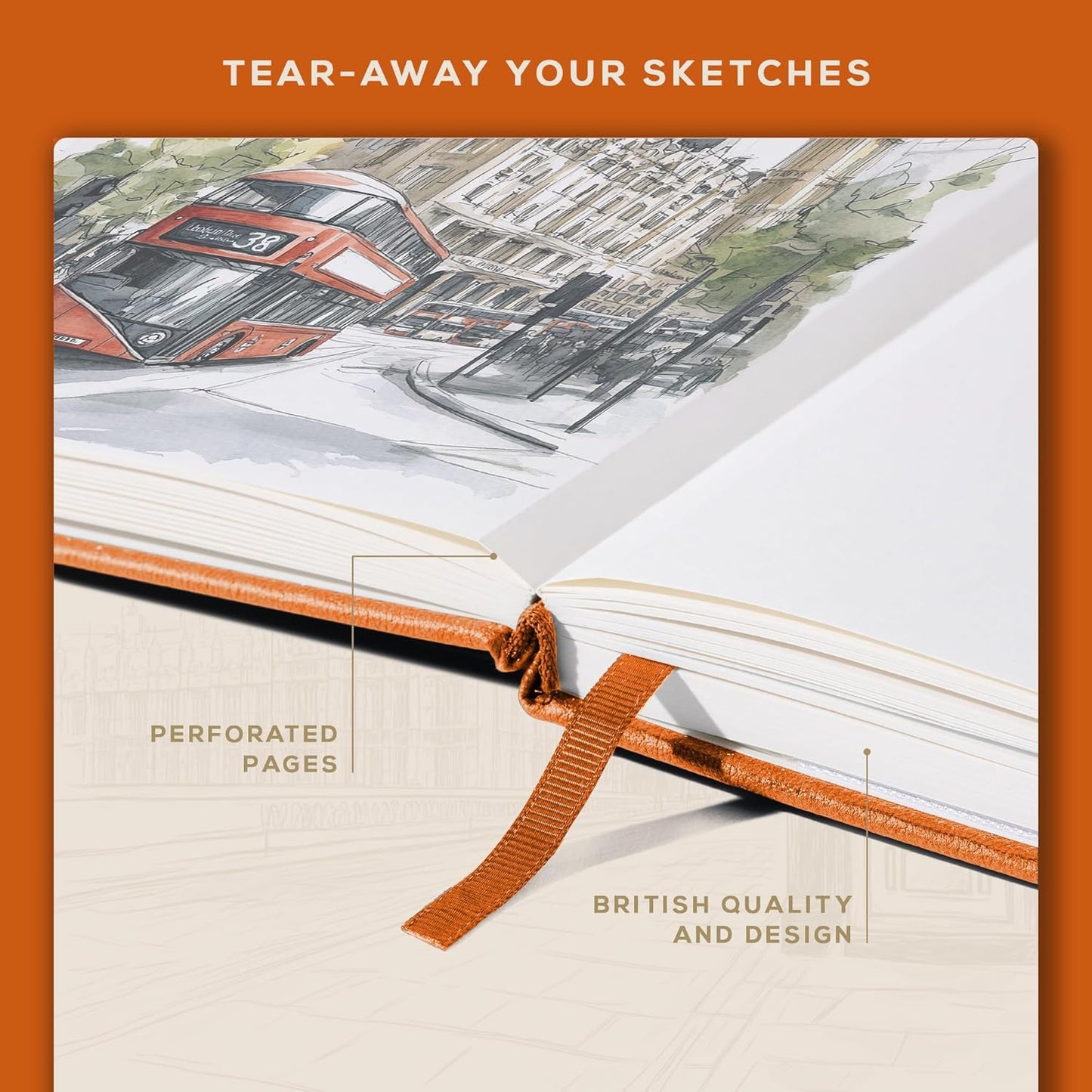 Beechmore Books A4 Sketchbook ??8.5x11 Premium Vegan Leather Bound Large Sketch Book Hardcover with 156 Thick 160gsm Perforated Ivory Pages, Blank Sketch Pad, Gift Boxed, Back Pocket, Ribbon Bookmark