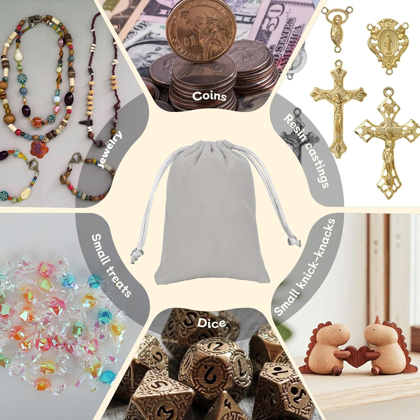 Velvet Drawstring Jewelry Bag, 50Pcs Grey Coin Pouch, 3x4 Dice Bag, for Wrapping Halloween Party Favors or Gifts for Friends, Small Bussiness, Palm Crosses, Necklaces, Bracelet