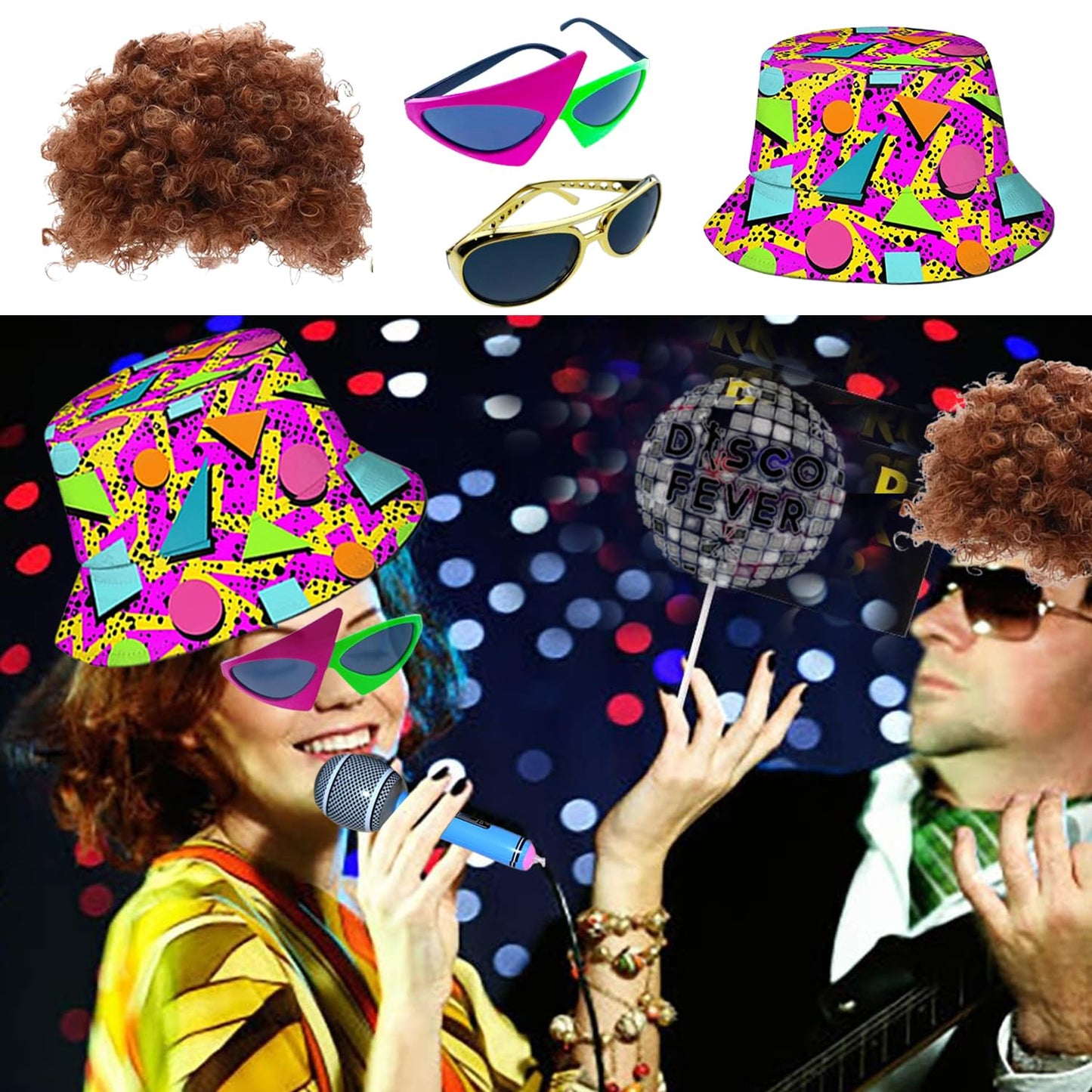 50 Pcs Rock Party Photo Booth Props Set for Adults, Funny Rock Star Party Sunglasses, Hats, Wigs