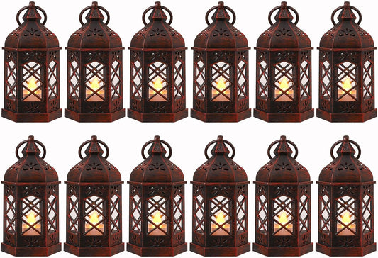LLQ 12PCS Brushed Red Mini Lantern with LED Tealight for Halloween Decorations, Small Moroccan Lanterns for Wedding Decor, Vintage Christmas Lights for Table Centerpiece, Hanging Ornaments Bulk