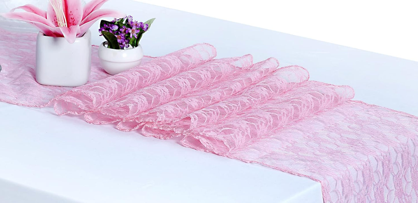 MDS Pack of 10 Wedding 12 x 108 inches Lace Table Runner for Wedding, Decorations for Birthday Parties, Banquets, Graduations, Engagements, and Runners fit Rectangle, Round Table- Blush Pink