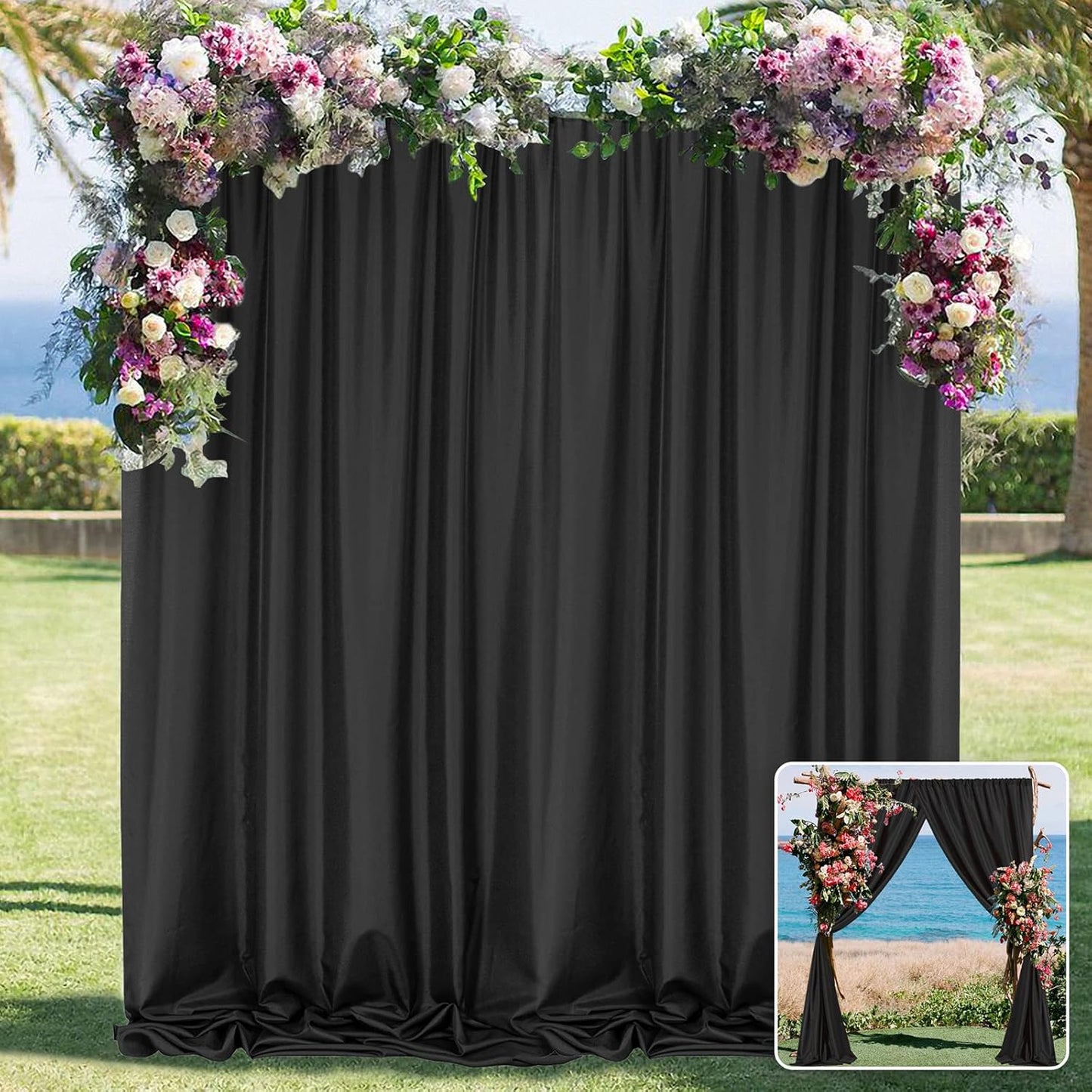 Black Backdrop Curtain for Party, Background Drapes Panels with Rod Pocket, Wrinkle Free Black Photo Curtains Backdrop Drapes Fabric Decoration for Wedding, Birthday Party Decor 5ft x 10ft, 2 Panels