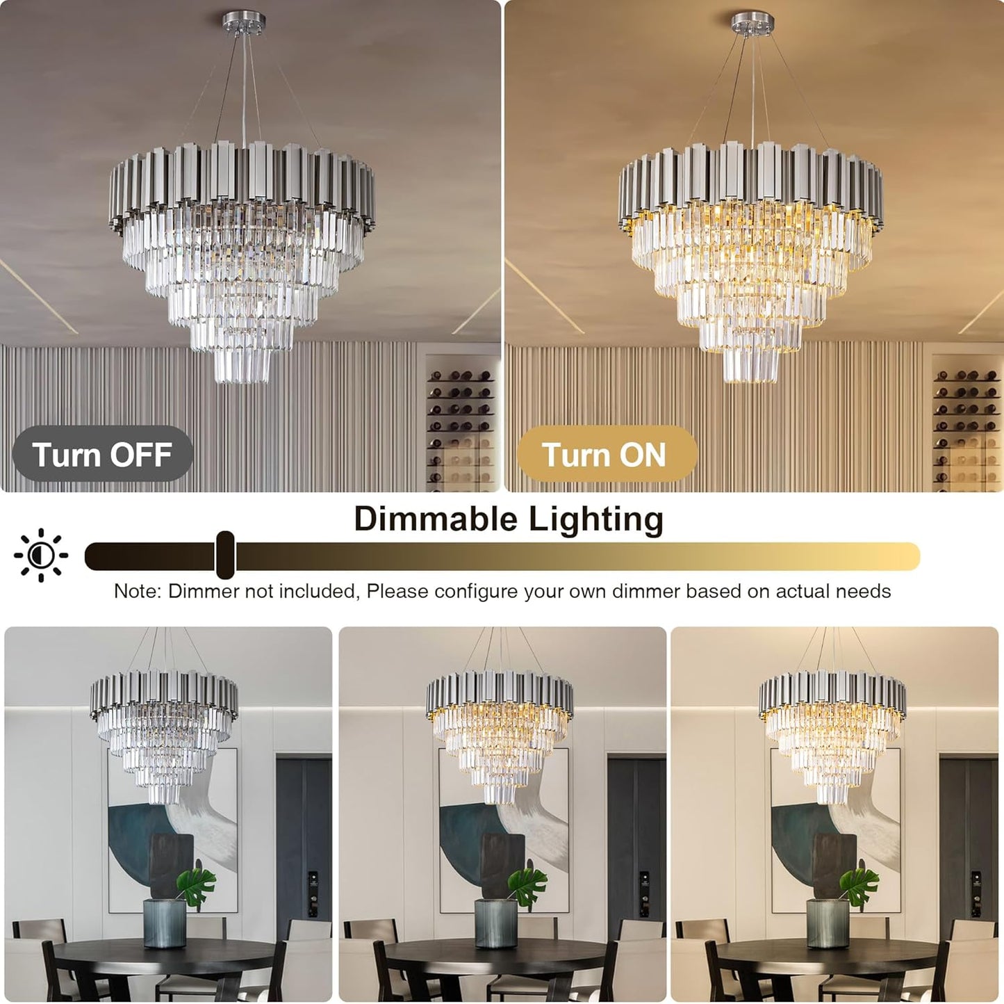 Modern Crystal Chandelier, 27.5" Silver Chandelier for Dining Room, 9-Light Luxury Round Chandeliers, 5-Tier Contemporary Light Fixture for Living Room, Bedroom, Foyer, Entryway