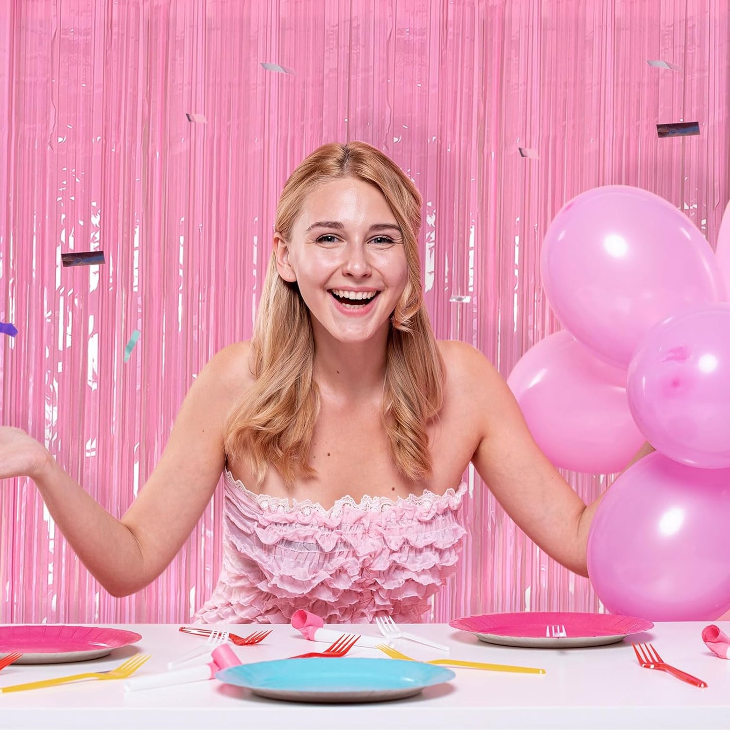 2 Pack Foil Curtain Pink Backdrop Streamers Metallic Tinsel Fringe Curtains Photo Booth Props for Birthday Wedding Engagement Bachelorette Christmas Holiday Celebration Party Decorations