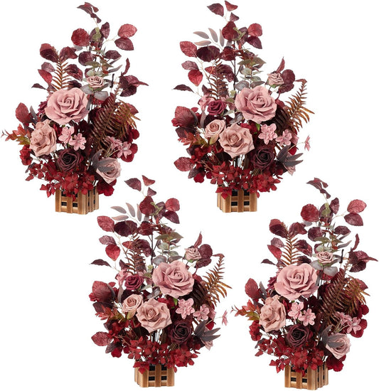 Ling's Moment 17.5" Tall Free Standing Artificial Flowers Arrangements 4 pcs Wedding Aisle Runner Chair Decorations Burgundy & Dusty Rose for Ceremony Reception Rose Floral Party Outdoor Centerpieces