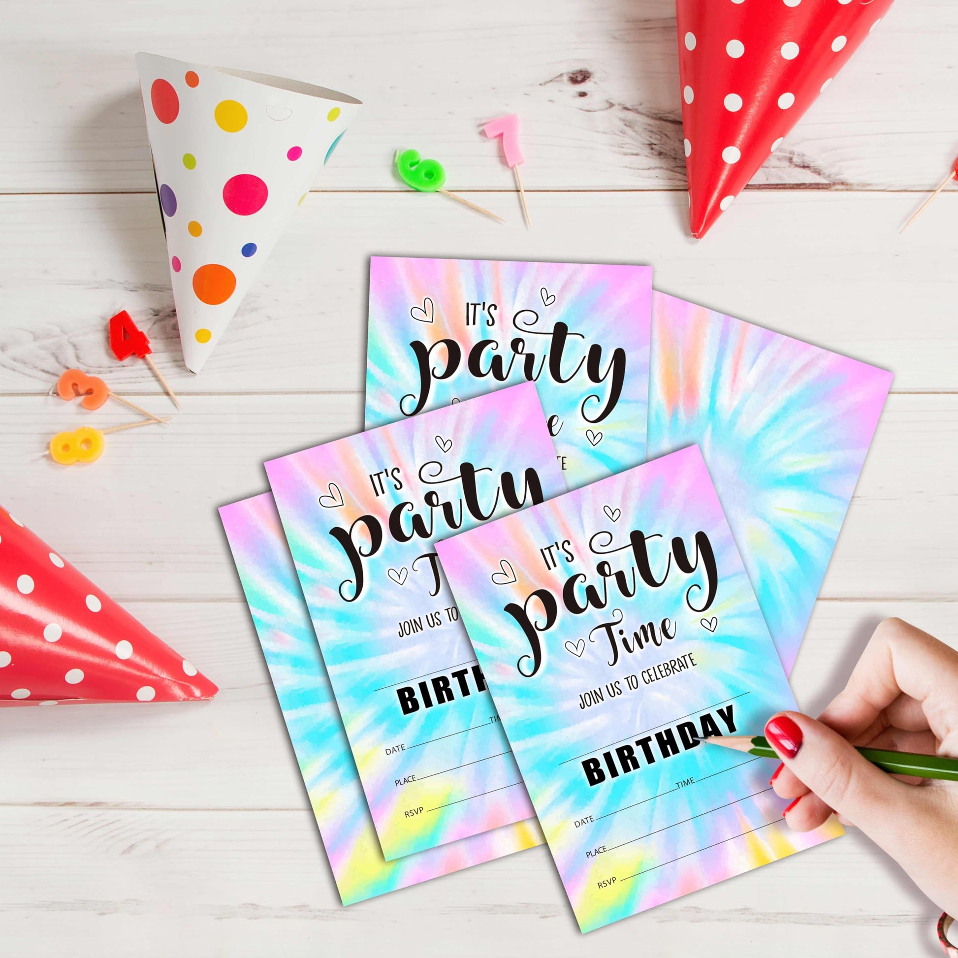 seclate Tie Dye Theme Birthday Invitations, 25 Double-Sided It's Party Time Invitation Cards with