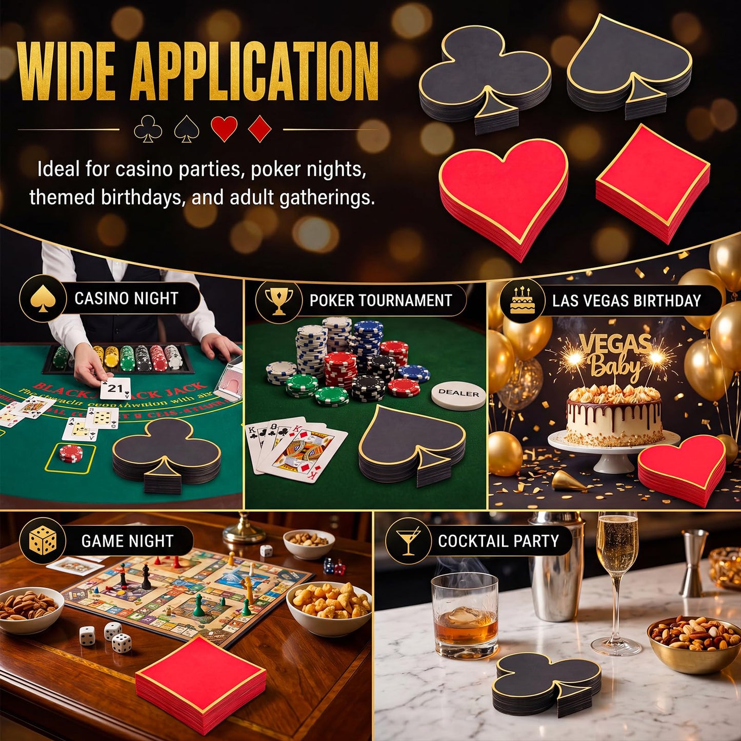 Honoson Casino Napkins 100 Pack, Poker Party Supplies 4 Designs Disposable Paper Napkins for Las