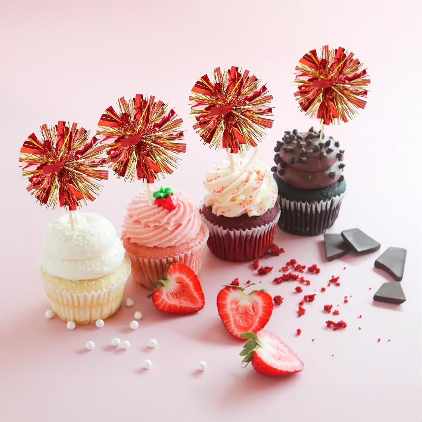 Ephlyn 30Pcs Foil Firework Cupcake Toppers Sparkle Tinsel Drink Birthday Cake Decorations Cocktail Food Fruit Toothpick for New Years Wedding Birthday Party Decorations Gold Red