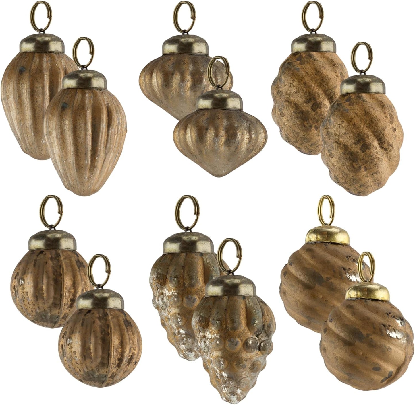 AuldHome Mercury Glass Finial Ornaments (Set of 12, Gold, Small); Distressed Metal Antique Style Christmas Tree Decorations; 1.3 to 2-Inch Size