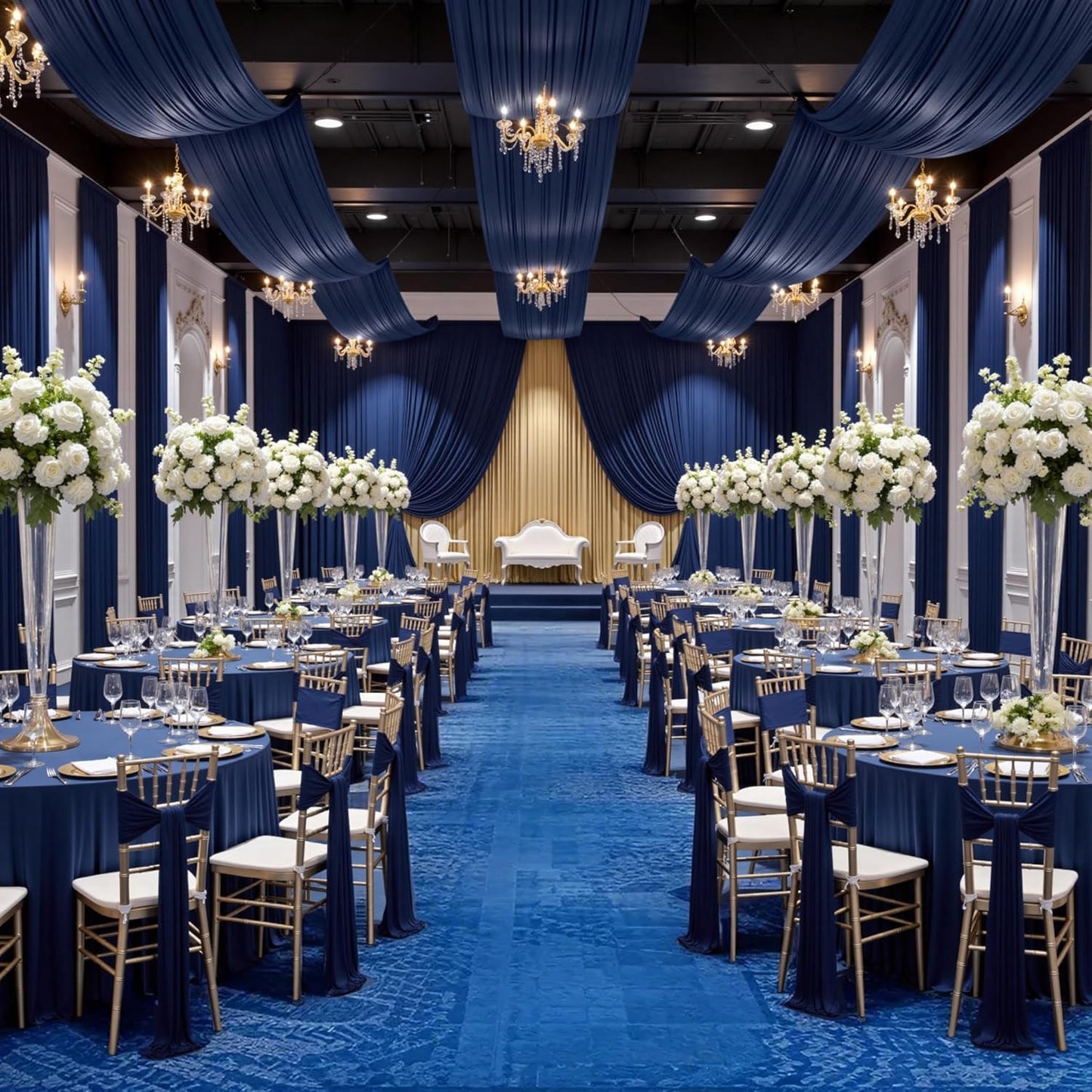 PartyVillage 2 Panels 5ftx30ft Navy Blue Ceiling Drapes for Wedding Parties – 30 FT Extra Long Thick Polyester Wrinkle-Free Drapery Tent Decor Decorations for Birthday Party Ceremony Stage Swag