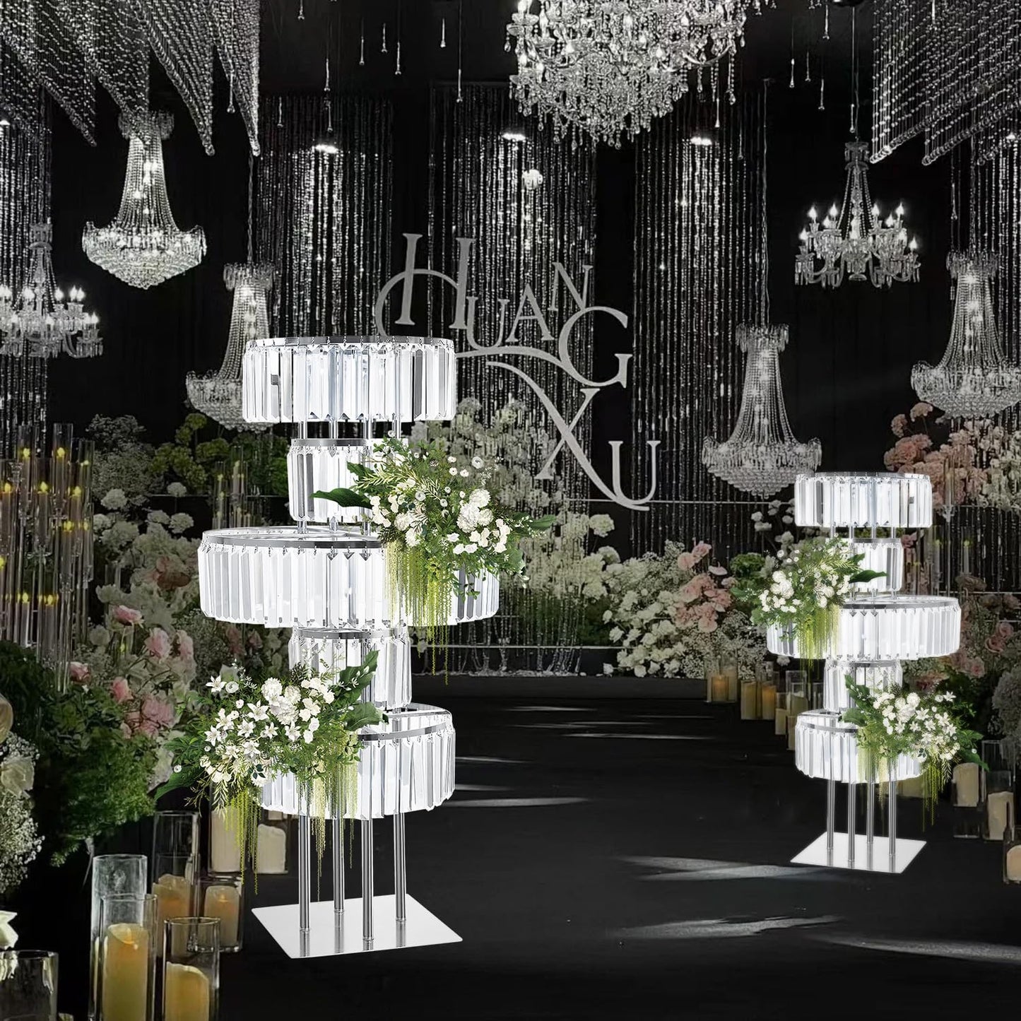 Silver Crystal Vases for Centerpieces, 47.2in Metal Pedestal Stands for Table Chandelier Centerpiece Wedding, 5 Tier Round Flower Stand for Wedding Reception Birthday Party Events Home Decor