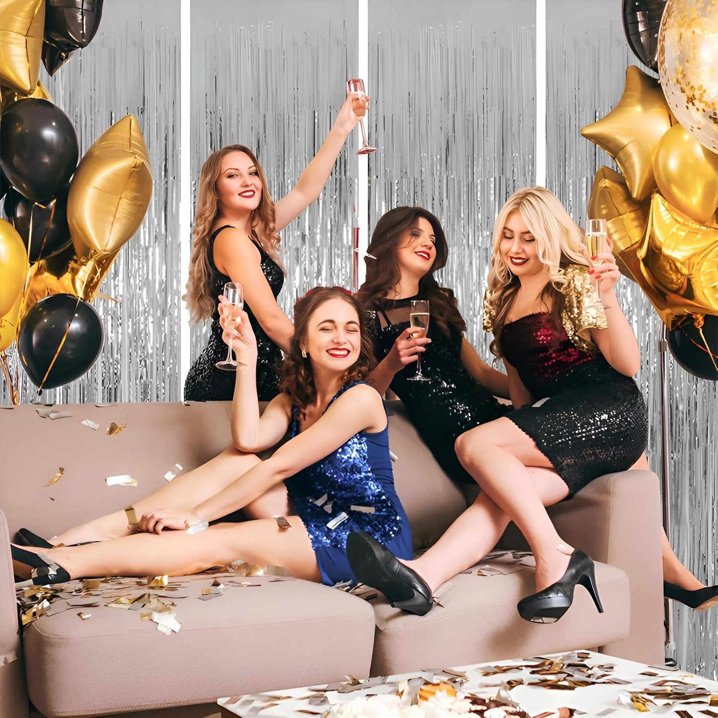 Keyali 4 Pack 3.3 * 8.3 ft Foil Curtain Metallic Tinsel Fringe Curtains Photo Booth Props Backdrop for Birthday Wedding Engagement Baby Shower Christmas Holiday Celebration Partyl,Silvery