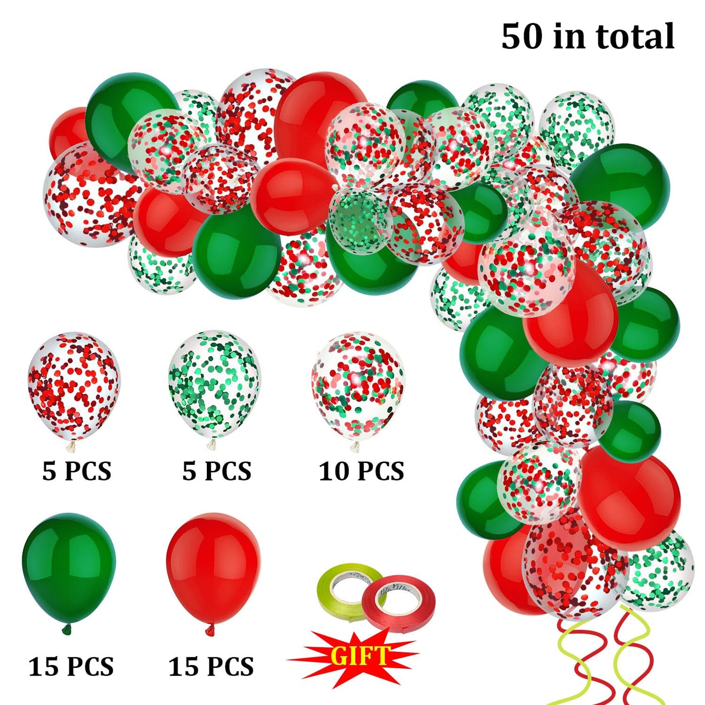 PheiLa 50 Pcs 12 Inch Red and Green Confetti Balloons Christmas Balloons with Ribbons Christmas
