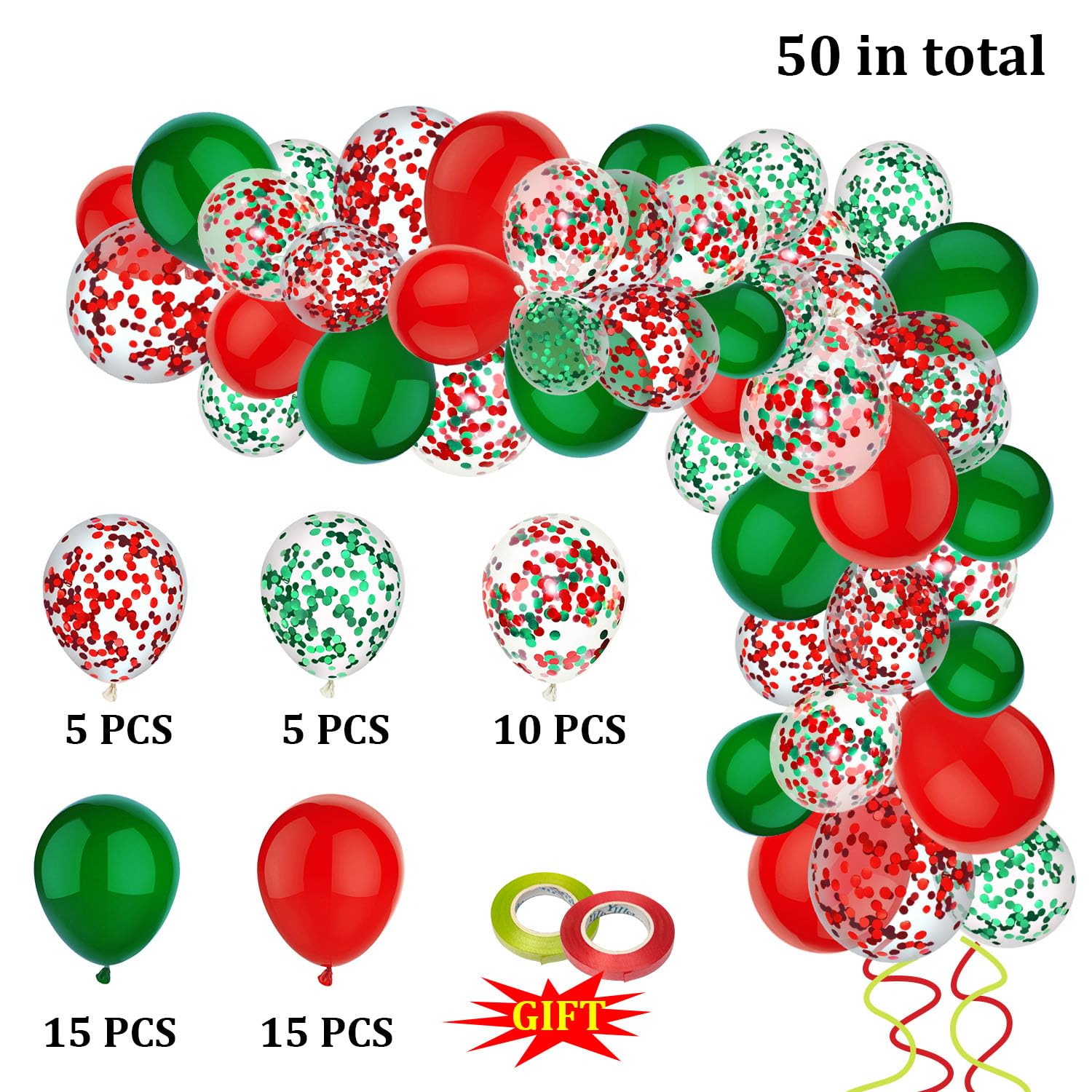 PheiLa 50 Pcs 12 Inch Red and Green Confetti Balloons Christmas Balloons with Ribbons Christmas