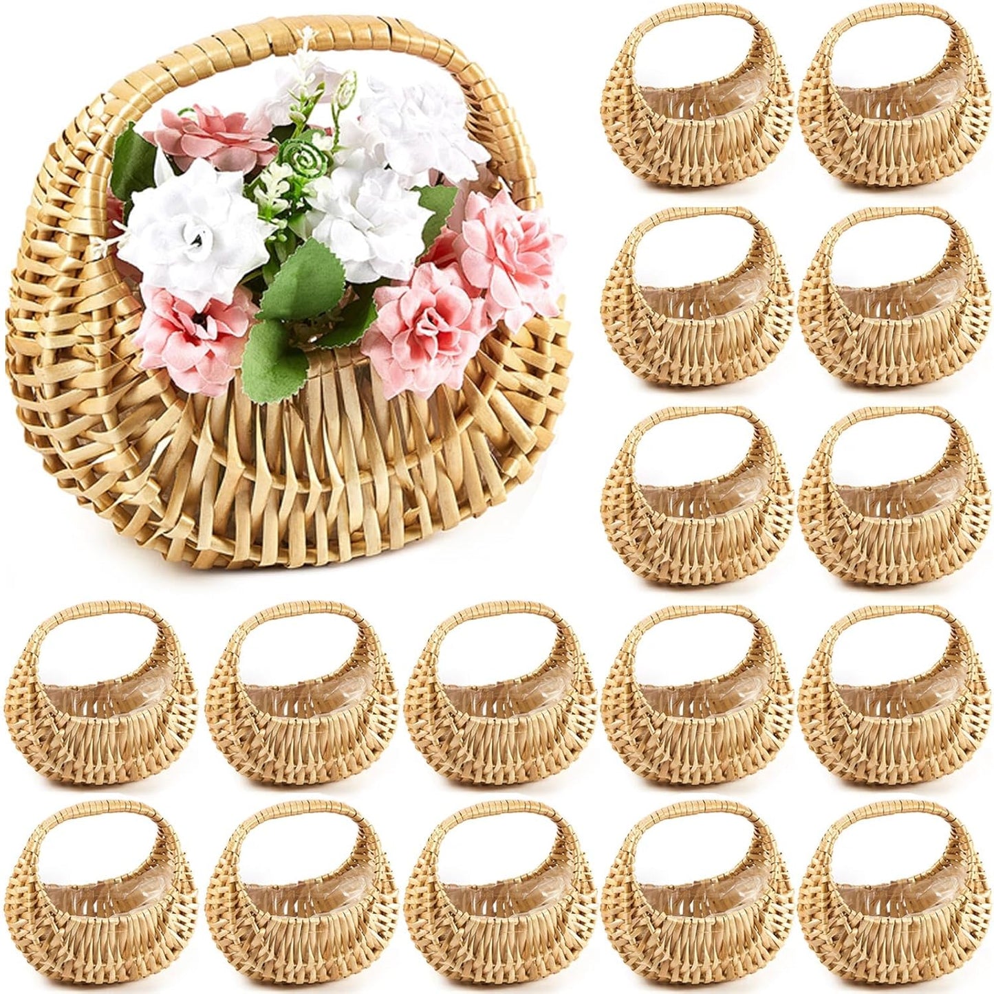 Taiyin 18 Pack Rattan Flower Girl Basket Small Half Moon Straw Wicker Basket with Handle Ideal for Wedding Flower Girl,Picnic,Garden Storage and Home Decor (Nature)