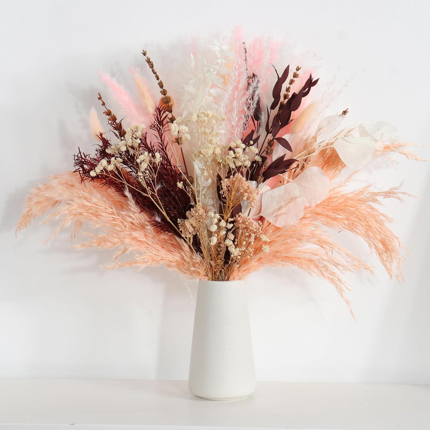 Pink Dried Flowers Bouquet - Pampas Grass, Bunny Tails, Eucalyptus, Lavender - Rustic Boho Decor for Home, Wedding, or Gift - Fluffy Pink Pampas for Flower Vase
