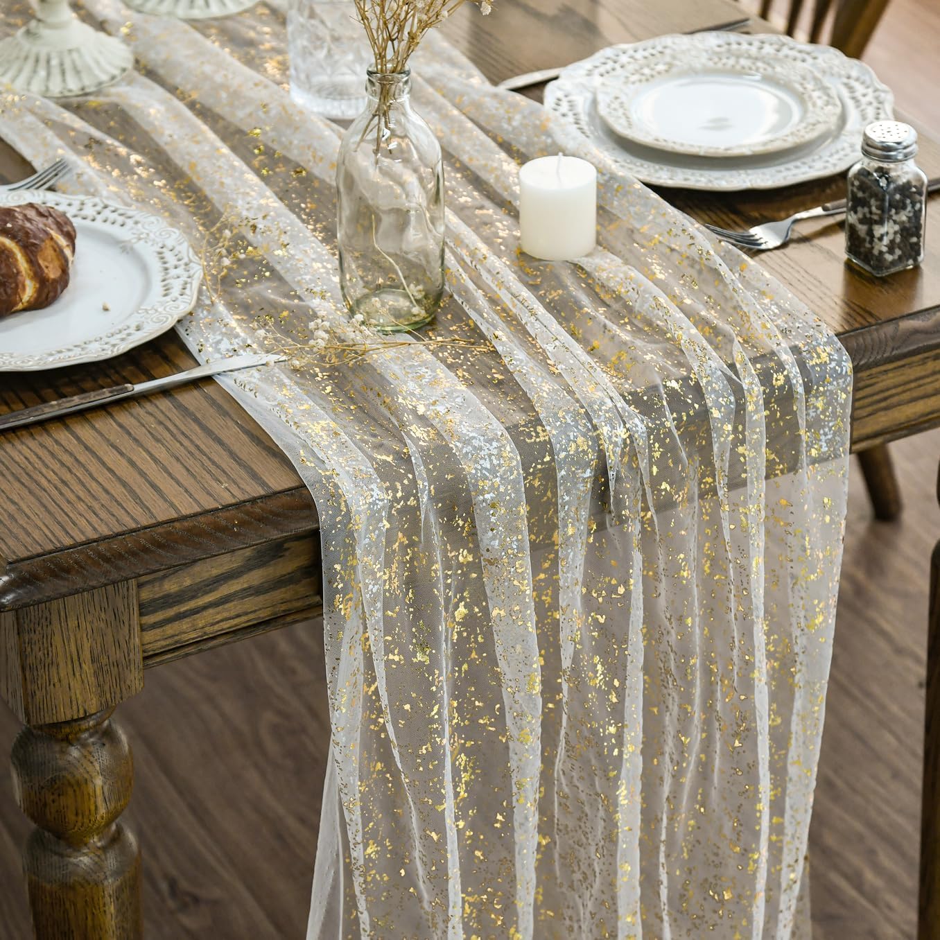 Artoid Mode Beige Gold Gauze Table Runner 120 Inch 10FT, Glitter Metallic Foil Sheer Dining Wedding